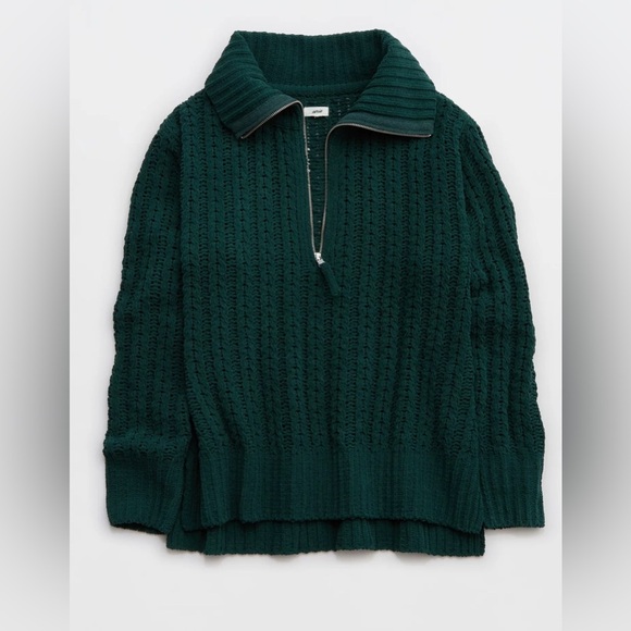 Aerie Cable Car Quarter Zip Sweater Deep Forest Green XXS Oversized fit - Picture 1 of 8